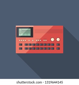 Modern drum machine flat square icon with long shadows.