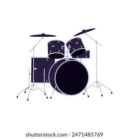 Modernes Drumkit mit Hut, Boden Tom. Schwarzer Trommelsatz mit Becken. Percussion-Musikinstrument, um Beat in Rock-Konzert zu spielen. Rhythmusausrüstung. Flache isolierte Vektorillustration auf weißem Hintergrund