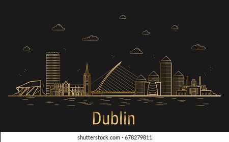 Modern Dublin city line art, golden architecture vector illustration, skyline city, all famous buildings. 