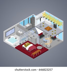 Modern Duplex Apartment Interior with Living Room and Bathroom. Isometric vector flat 3d illustration