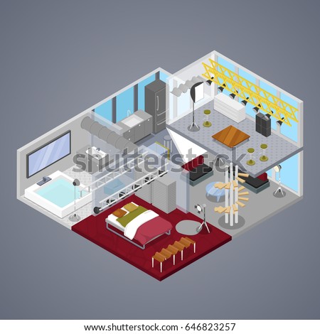 Modern Duplex Apartment Interior with Living Room and Bathroom. Isometric vector flat 3d illustration