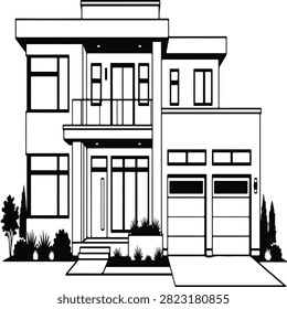 Modern duplex house featuring garage doors balcony and landscaped front yard