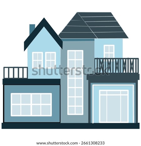 Modern duplex or townhouse in dark blue tones.