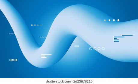 Modern and dynamic abstract background featuring a smooth, flowing 3D fluid wave in shades of blue, geometric elements and patterns. Use for poster, template, artwork, design, headline. vector eps10