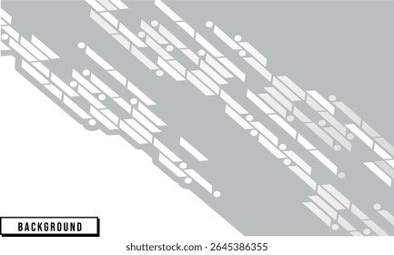 A modern and dynamic abstract background featuring geometric shapes, lines, and dots in shades of white and light gray, creating a sense of movement and technology.