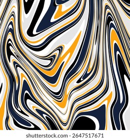A modern and dynamic abstract background featuring a fluid, marbled pattern. Wavy, distorted stripes of black, white, dark navy blue, and golden yellow swirl and flow together.