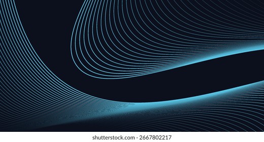 Design digital moderno dinâmico e abstrato com formas de onda azul fluindo contra um fundo escuro, suave, linha de curvatura arte moderna abstrata