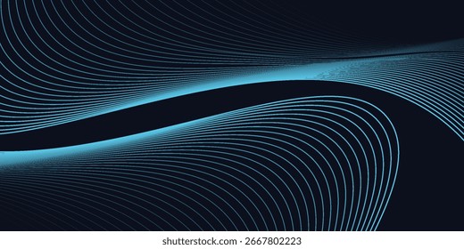 Modern dynamic and abstract digital design with flowing blue waveforms against a dark background,smooth, curving line abstract modern art design