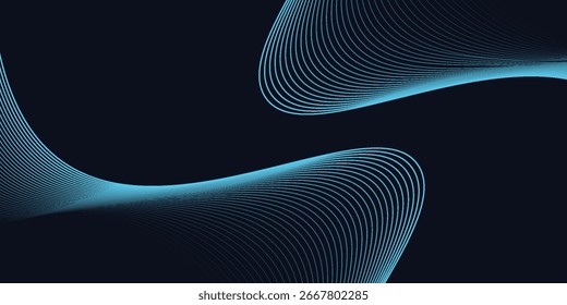 Design digital moderno dinâmico e abstrato com formas de onda azul fluindo contra um fundo escuro, suave, linha curvando moderno abstrato