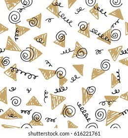 Modern dynamic background with hand drawn elements. Scribbles, spirals and triangles. Seamless vector pattern