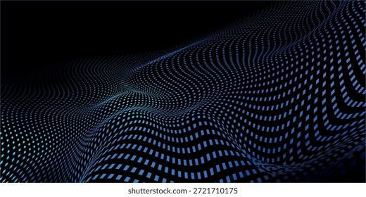 Onda dinámica moderna de partículas de cuadrícula circular que fluye en el ciberespacio azul con fondo de foco volumétrico. Fondo de diseño de Vector