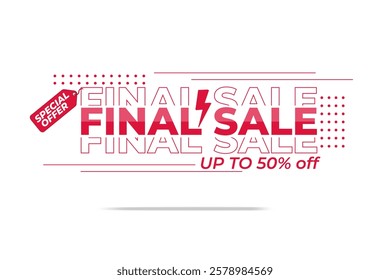 Modern and dynamic final sale banner with a bold red design, featuring geometric accents and a lightning symbol with typography discounts up to 50% off.