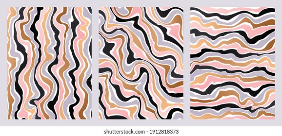 Modern dynamic fluid backgrounds set. Multicolored vector banners, flyers or cover design templates with abstract contrasting liquid stripes
