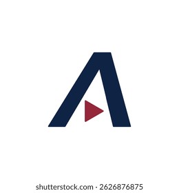 Moderna e dinâmica letra A logo. Apresenta uma letra "A" azul escura e em negrito com uma forma triangular de botão de reprodução integrado no espaço central de uma empresa relacionada à mídia.