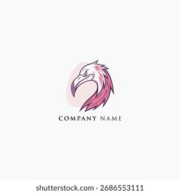 A modern and dynamic logo featuring the head of a flamingo in profile. The illustration uses a gradient of pink and purple hues, with sharp lines and stylized feathers.