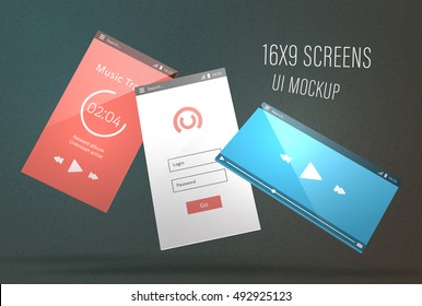 Modern dynamic mockup for app design or web page presentation. Vector realistic copyspace rectangles floating in the air above dark background. Light effects and shadows make it look bright and clean.