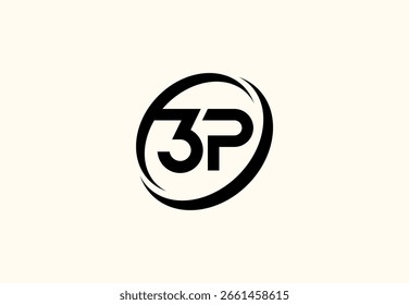 Um logotipo de monograma moderno e dinâmico com o número '3' e a letra 'P' entrelaçados dentro de uma forma oval orbitando elegante