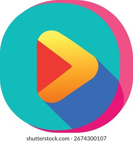 Um ícone de botão de reprodução moderno e dinâmico, renderizado em cores vibrantes com uma sombra longa distinta, significando o início da reprodução de mídia. Ideal para interfaces digitais.