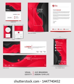 Modern dynamic red stationery mock up set and visual brand identity with abstract colorful dynamic background shape. Vector illustration mock up for branding, cover, card, product, event, banner, webs