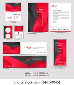 Modern Dynamic Red Stationery Mock Up Set And Visual Brand Identity With Abstract Colorful Dynamic Background Shape. Vector Illustration Mock Up For Branding, Cover, Card, Product, Event, Banner, Webs