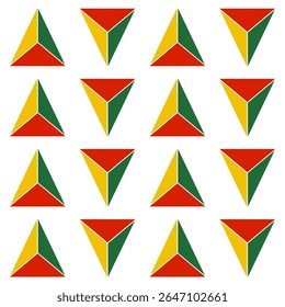 Modern and dynamic seamless pattern of geometric triangles in shades of red, green and yellow. Suitable for backgrounds, textiles, packaging or design projects.