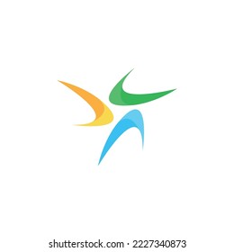 Moderna y dinámica plantilla de logotipo azul, verde y naranja. Hélice abstracta, tres cuchillas, logotipo vectorial universal.