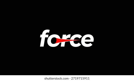 A modern and dynamic typographic design featuring the word 'force' in bold white lettering against a stark black background. A sharp, red streak