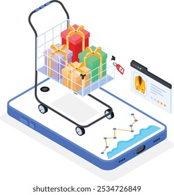 A modern and dynamic vector illustration showcasing an online shopping concept. A shopping cart filled with colorful gift boxes on top of a smartphone, representing e-commerce, holiday shopping.
