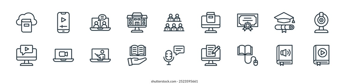 modern e learning icon pack. perfect for linear ui designs featuring vector audio book, audio book, elearning, online learning, podcast, open book, online class and more icons for mobile and web