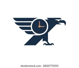 Modern eagle clock logo icon template. Vector symbol combining a stylized hawk bird and a time clock for fast delivery or logistics business.