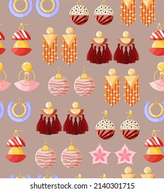 Modern earrings vector seamless pattern for packaging, wallpaper, cover, poster, template, and more. Pink and red golden accessories pattern on beige background