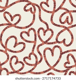 Moderno Tom da Terra Padrão Sem Costura com Mão-Drawn "Amor" Tipografia e Abstrato Corações Emaranhados