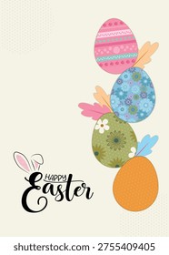 Modern Easter Background with Abstract Patterned Eggs, Decorative Feathers and Hand Lettering. Paper Cut Style Vector Illustration with Blank Space for Messages.