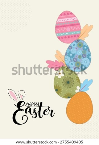 Modern Easter Background with Abstract Patterned Eggs, Decorative Feathers and Hand Lettering. Paper Cut Style Vector Illustration with Blank Space for Messages.