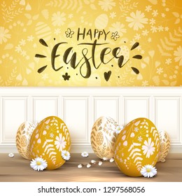 Modern Easter background with orange Easter eggs with floral pattern. Brush lettering. 