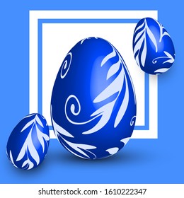 Modern Easter background with easter ornate eggs on blue background. Design for card, postcard, wallpaper, posters. Vector stock illustration. 3d collection.