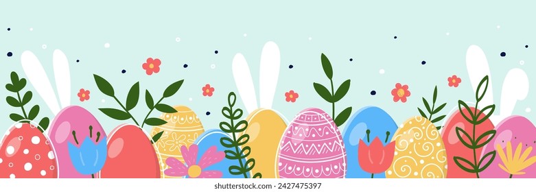 In: Modern Easter Banner. Bunter Hintergrund mit handbemalten Eiern, Hasen und Blumen. Panorama-Kopfzeile. Vektorgrafik 