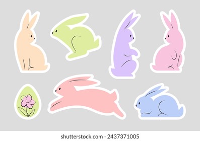 Colección de pegatinas de conejito de Pascua moderno. Conejos coloridos en diferentes poses y huevo de Pascua aislados sobre fondo gris. Ilustración vectorial en estilo plano