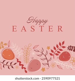 Modern Easter card with decorative eggs and botanical elements on a soft pink background. Delicate hand-drawn details create a stylish and festive holiday greeting