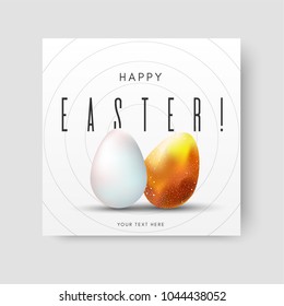 a modern Easter card with a unique and unusual design in space with stars and gold and white eggs