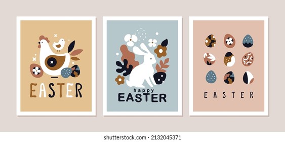 Modern Easter Cards collection. Vector  illustration of three abstract Easter cards in contemporary flat style and boho colours with Easter eggs, bunny, chickens and flowers.