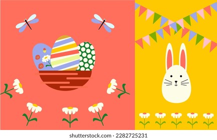 Modern Easter Cards collection. Vector illustration of abstract Easter cards in contemporary flat and Modern minimalist style with colored egg, bunny, dragonfly and flowers.
