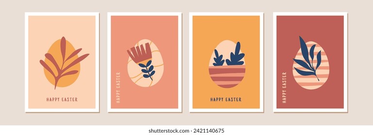 Modern Easter Cards collection. Vector illustration of three abstract Easter cards in contemporary flat style and boho colours with Easter eggs, bunnies and flowers.