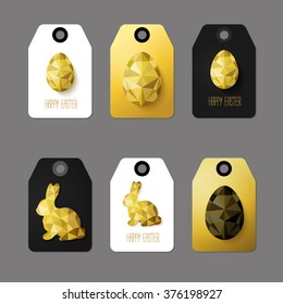 Modern Easter cards, ready-to-use gift tags in black, gold and white. Vector illustration. Flat design polygon of golden eggs and Easter Bunny. Perfect for greeting card or elegant party invitation.