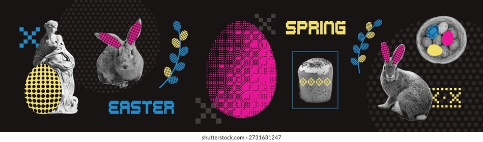 Colagem de Páscoa moderna com coelho de neofolk e ovos de meio-tom em estilo de matriz de pontos. Elementos de vetor primavera na moda surreal no fundo escuro para cartazes, banners e desenhos de férias criativos.