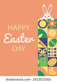 Modern Easter design. Geometric shapes. Abstract style. Easter eggs, rabbit, chicken. Vertical poster. suitable for postcards, covers. Vector illustration