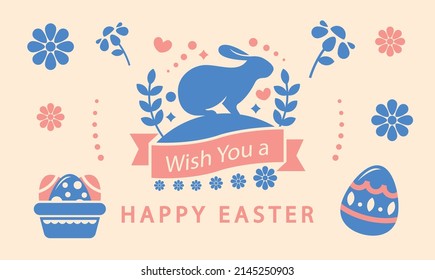 Modern Easter design with hand-painted typography, strokes and dots, eggs, bunny ears, in pastel colors. Minimal modern style. Horizontal poster, greeting card, header for the site. Eps 10