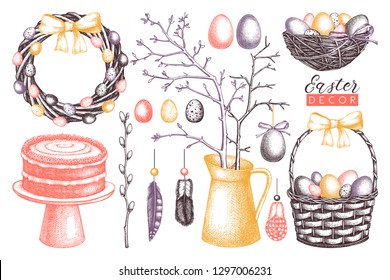 Modern Easter Designs Collection. Shabby Chic style. Holiday interior decor elements. Hand drawn eggs, basket, carrot cake, tree twigs, wreath. Perfect for greeting cards or invitions, posters, web.