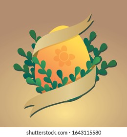 Modern Easter egg with green branches and leaves. Flat hand drawn vector illustration .Yellow easter egg with festive ribbon in green leaves. Happy Easter concept.