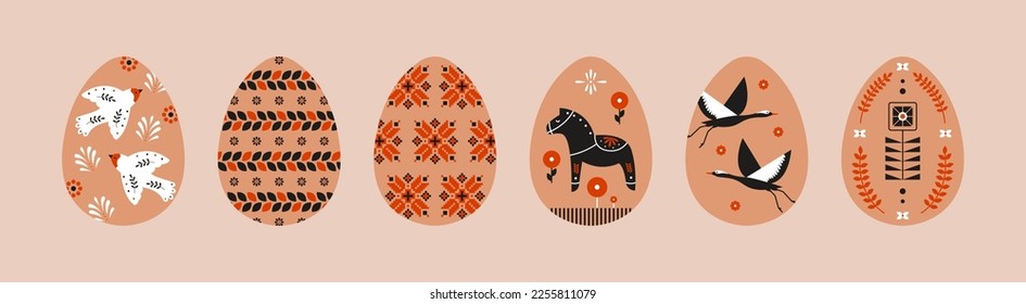 Modern Easter eggs. Cartoon egg decoration with Ukrainian pattern design, flower bird horse bunny elements. Vector set